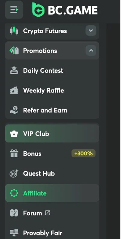 BC Game Affiliate Section