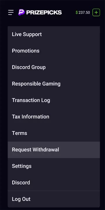 PrizePicks withdrawal request app screenshot