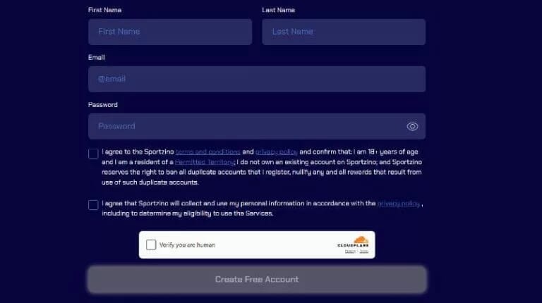 Sportxzino registration form